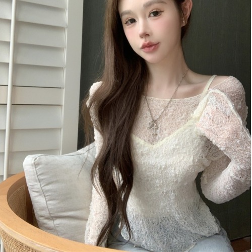 Summer sexy hot girl micro-transparent hollow irregular T-shirt long-sleeved sun protection clothing + solid color high-waist suspender two-piece set