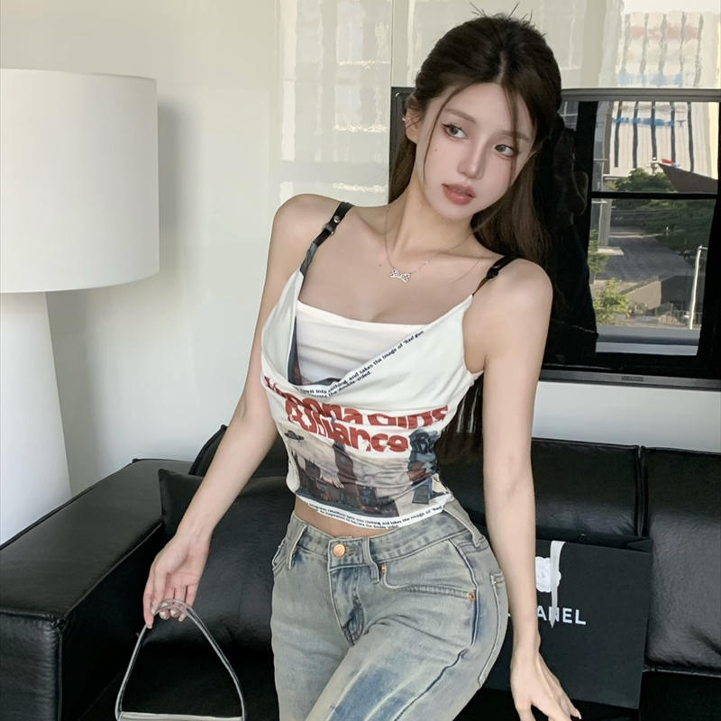 American hot girl print slim small suspender belt for women summer new style waist slimming and versatile