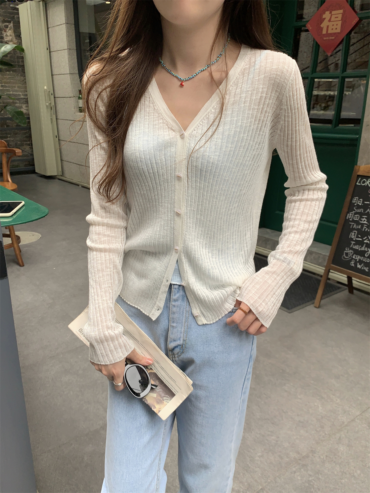 實拍 夏季韓版v領單排扣開衫純色竹節麻百搭防曬針織上衣外搭