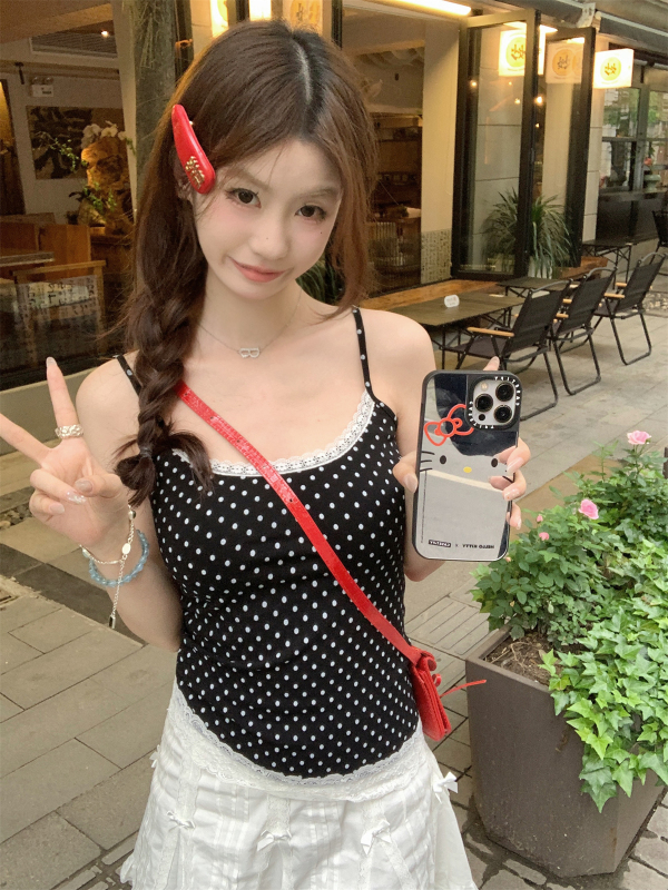 實拍 夏季韓版修身bm蕾絲拼接波點減齡純棉吊帶T恤背心上衣女