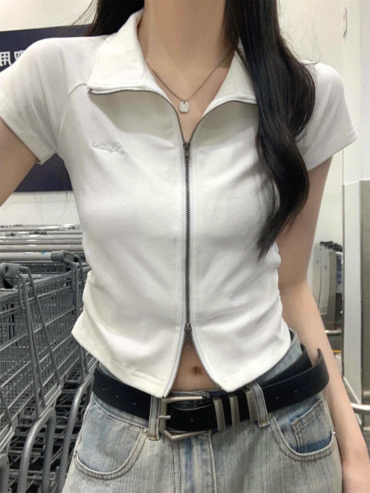 實拍 夏季韓版氣質polo領插肩雙拉鏈百搭純棉短袖T恤開衫上衣