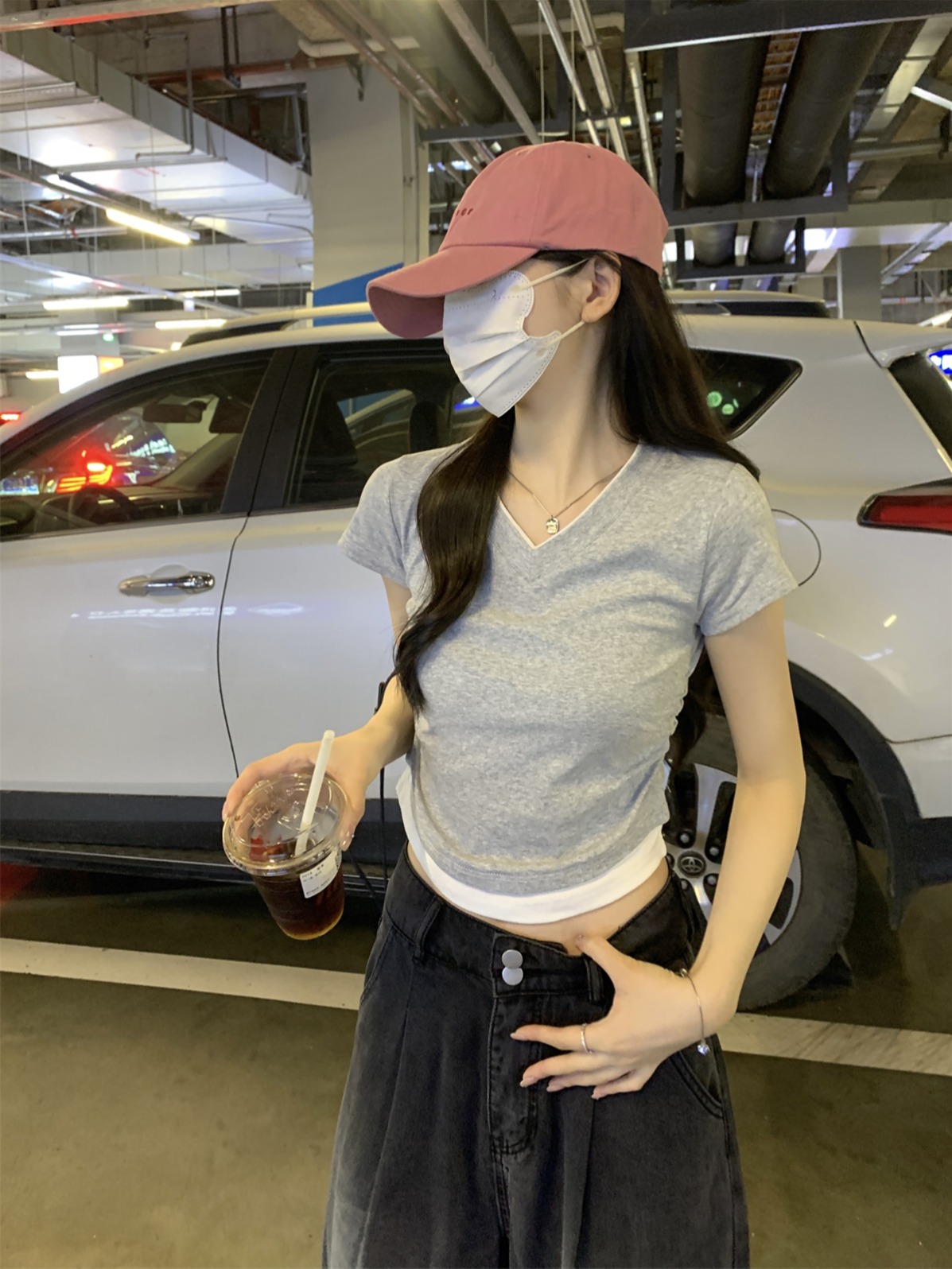 實拍 夏季韓版修身撞色v領褶皺假兩件設計感純棉短袖T恤上衣