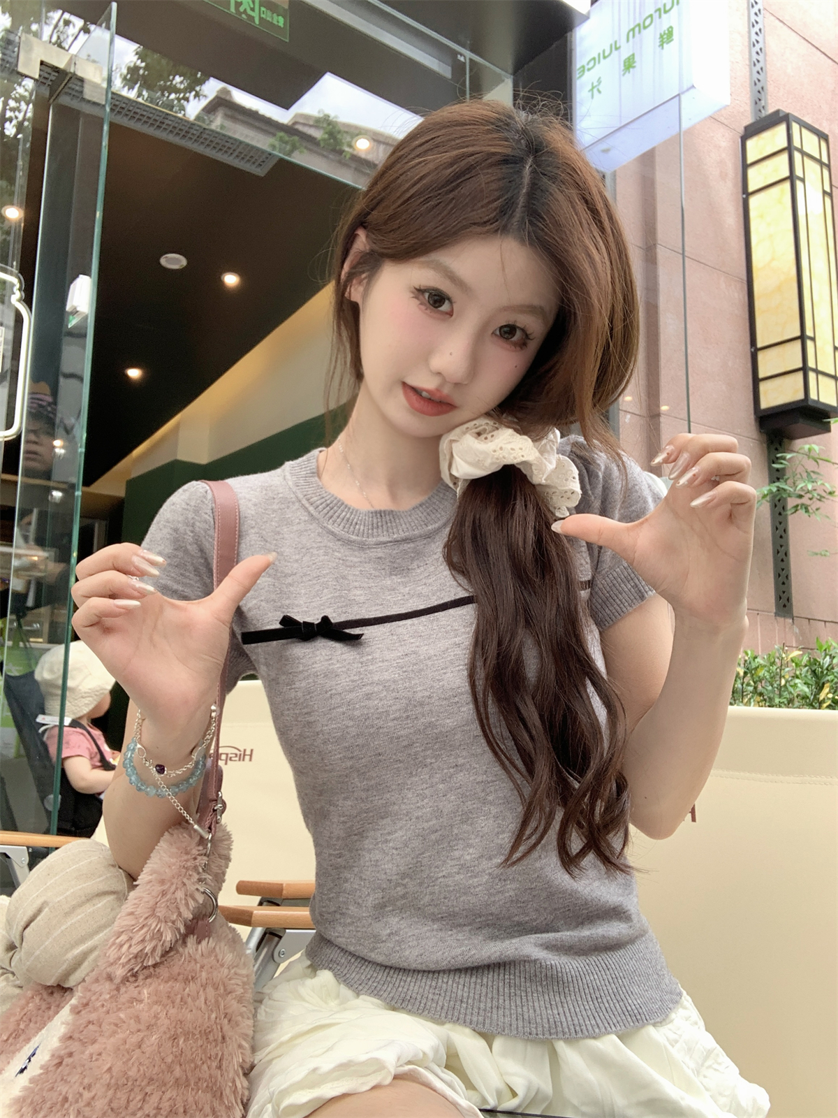 Photographed Summer Korean Version Fitted Sweet Bowknot Youthful Versatile Andy Wool Knit Short Sleeve Women's Top
