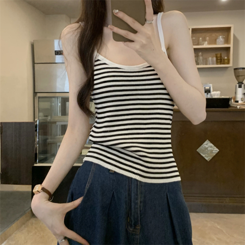 Real shot of ice silk suspender women's summer outer wear striped knitted vest