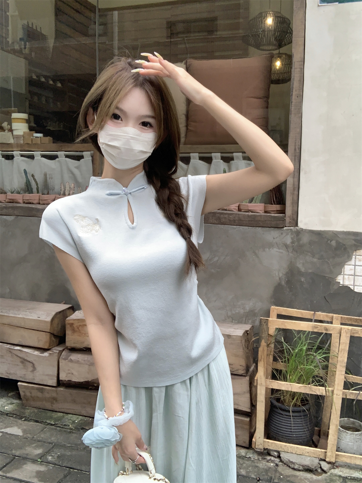 實拍 夏季韓版盤扣氣質國風蝴蝶刺繡褶皺設計感針織短袖上衣