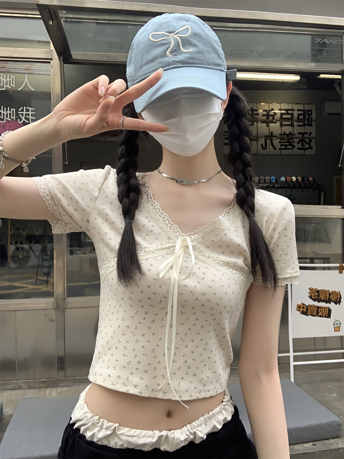 實拍 夏季韓版bm碎花v領蕾絲拼接減齡顯瘦純棉短袖T恤上衣