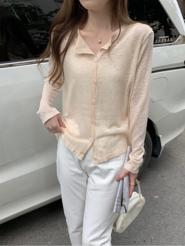 Summer Korean style loose hollow bamboo linen thin sun protection cardigan versatile knitted top for outer wear