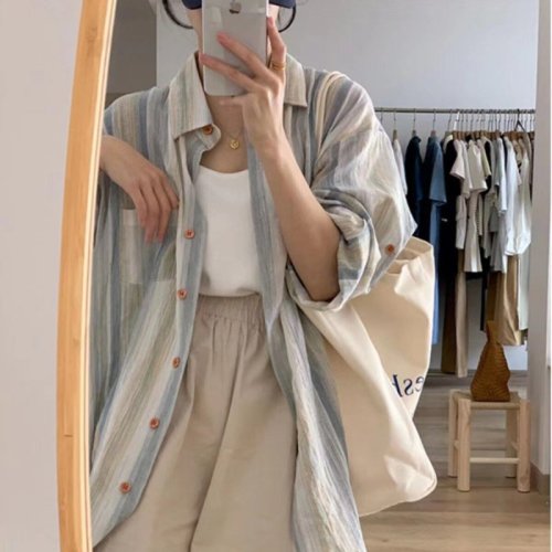 Summer smudged watercolor texture cotton gauze striped sunscreen shirt spring and summer loose and versatile lightweight long-sleeved top for women