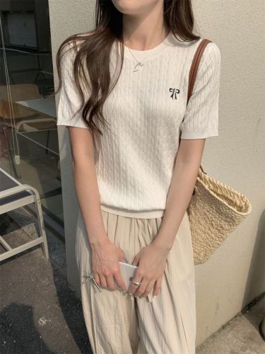 实拍 夏季韩版圆领蝴蝶结刺绣麻花设计感轻薄针织短袖上衣女