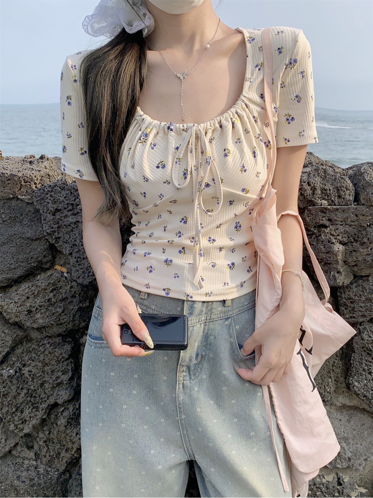 實拍 夏季韓版bm碎花純欲修身方領系帶設計感短袖T恤上衣女