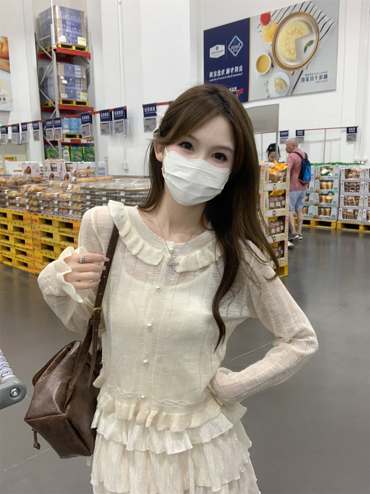 實拍 夏季韓版甜美荷葉邊珍珠扣開衫竹節麻防曬針織上衣外搭