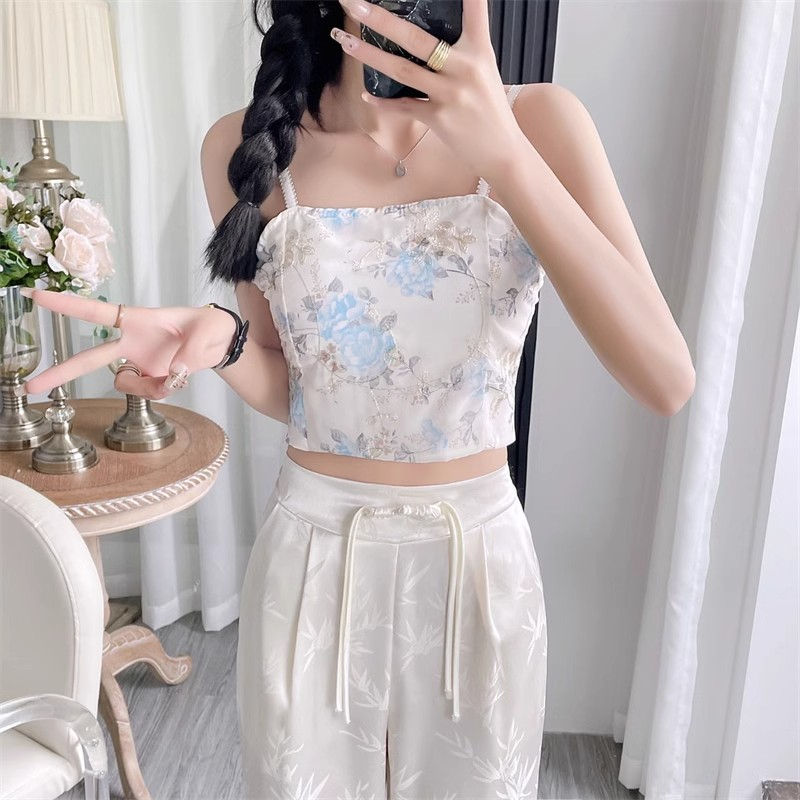 Tmall quality French floral suspender women's inner wear new Chinese embroidery with chest pad beautiful back outer top summer