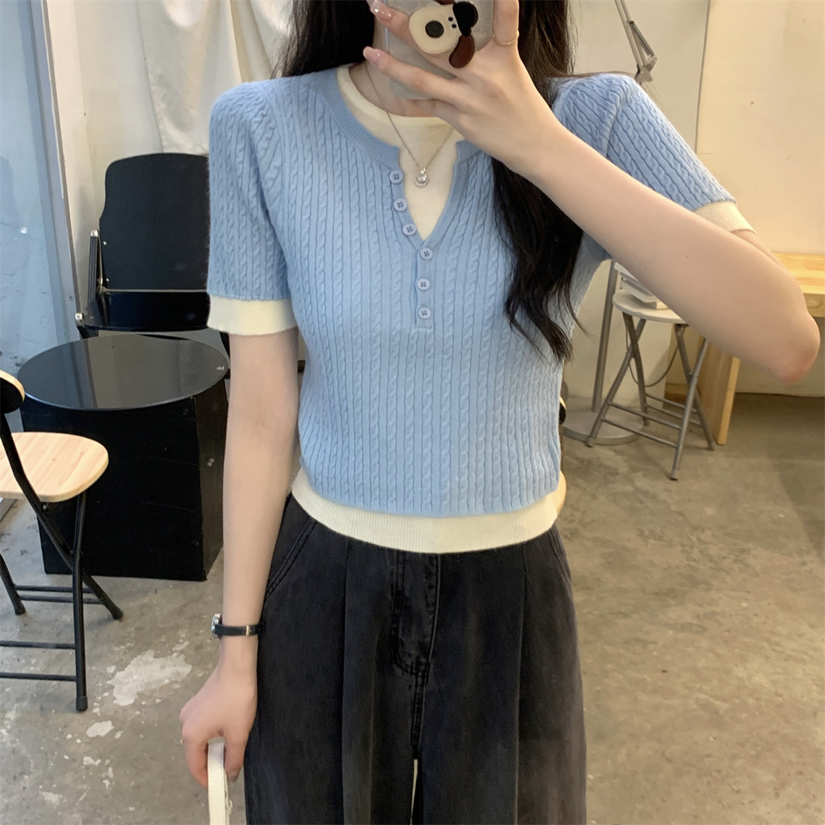 Real shot summer Korean version color collision fake two pieces button macaroon high-grade Andy velvet knit short-sleeved top 