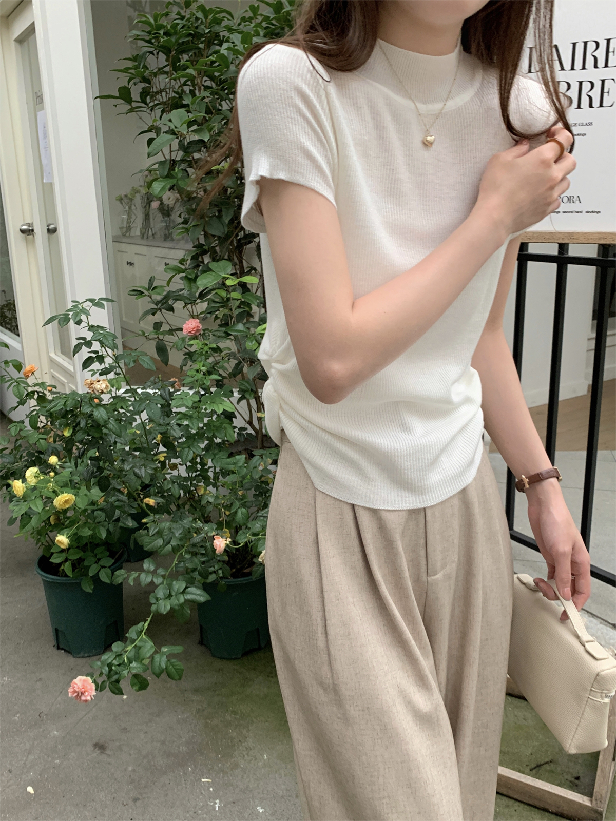實拍 夏季韓版氣質半高領褶皺顯瘦6羊毛輕薄針織短袖上衣女