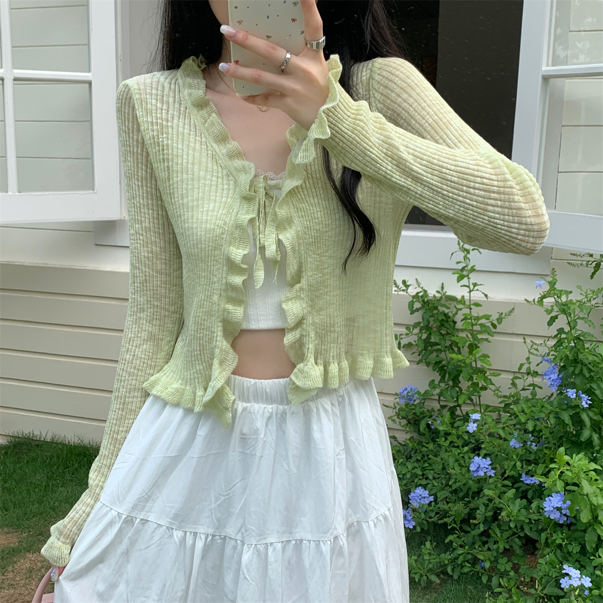 Photographed Summer Korean Style Belted Open Top Mushroom Edge Versatile Bamboo Node Linen Sun Protection Knit Top for Women