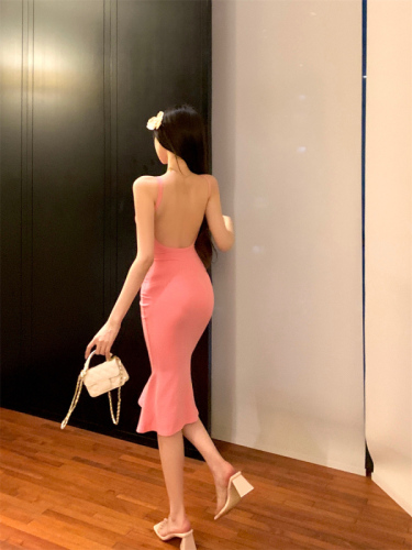 Real shot ~ European and American sexy tight-fitting large backless suspender dress for women summer hot girl hip-hugging fishtail skirt mid-skirt