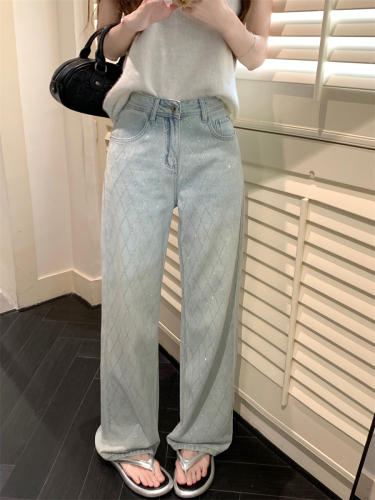 Actual shot ~ Summer new high temperature rhombus perm jeans for women, versatile slimming straight-leg floor mopping pants