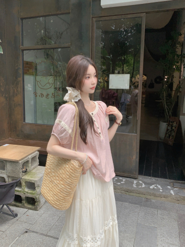 实拍！韩系甜美蕾丝拼接短袖衬衫上衣法式a字百搭半身裙套装