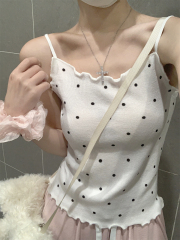 實拍 夏季韓版修身純欲木耳邊波點減齡顯瘦吊帶針織背心上衣