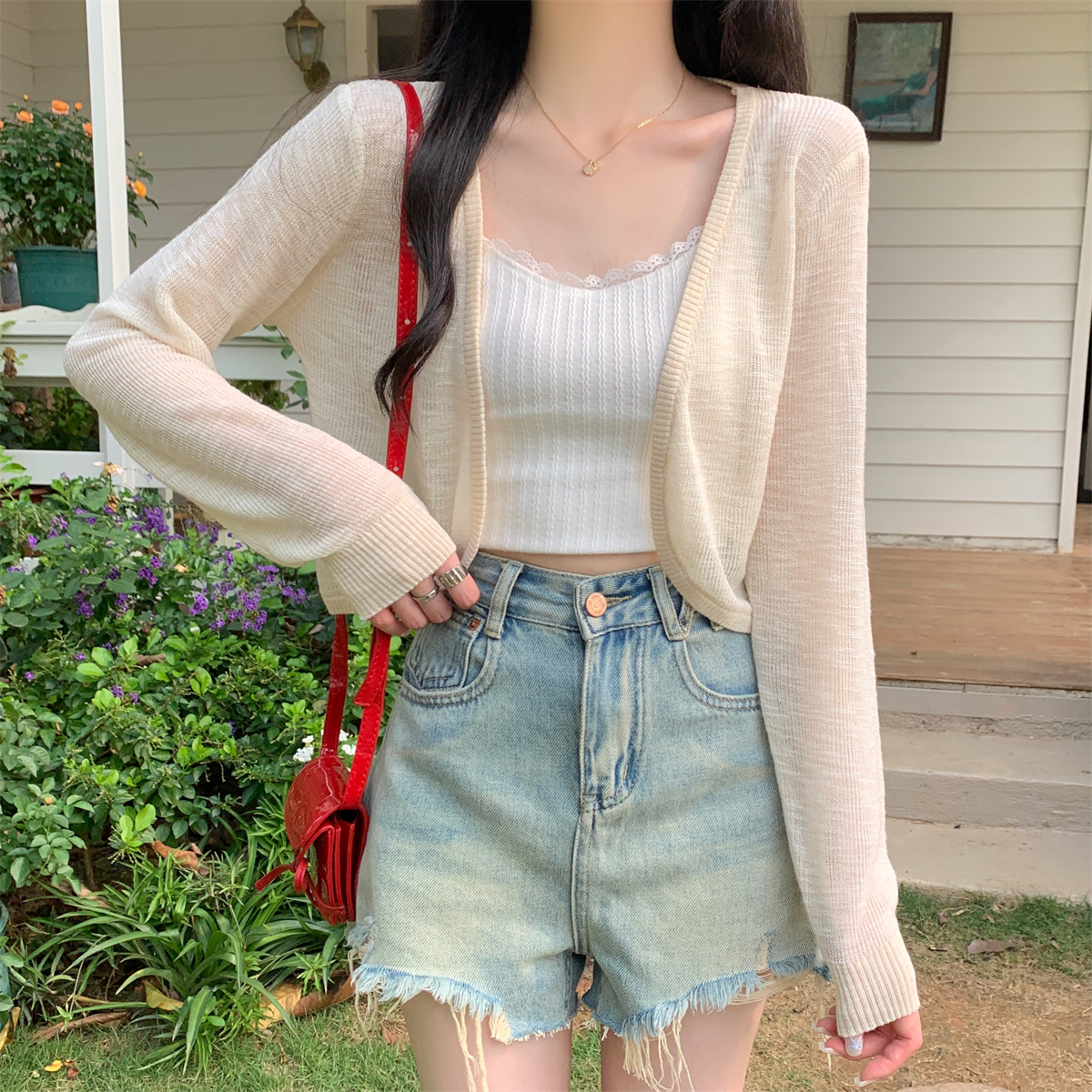 實拍 夏季韓版寬鬆百搭短款開衫竹節麻薄款防曬針織上衣外搭