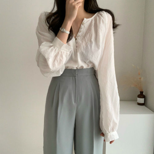 Korean chic French niche long-sleeved tops retro Hong Kong style simple temperament loose slimming versatile shirt for women