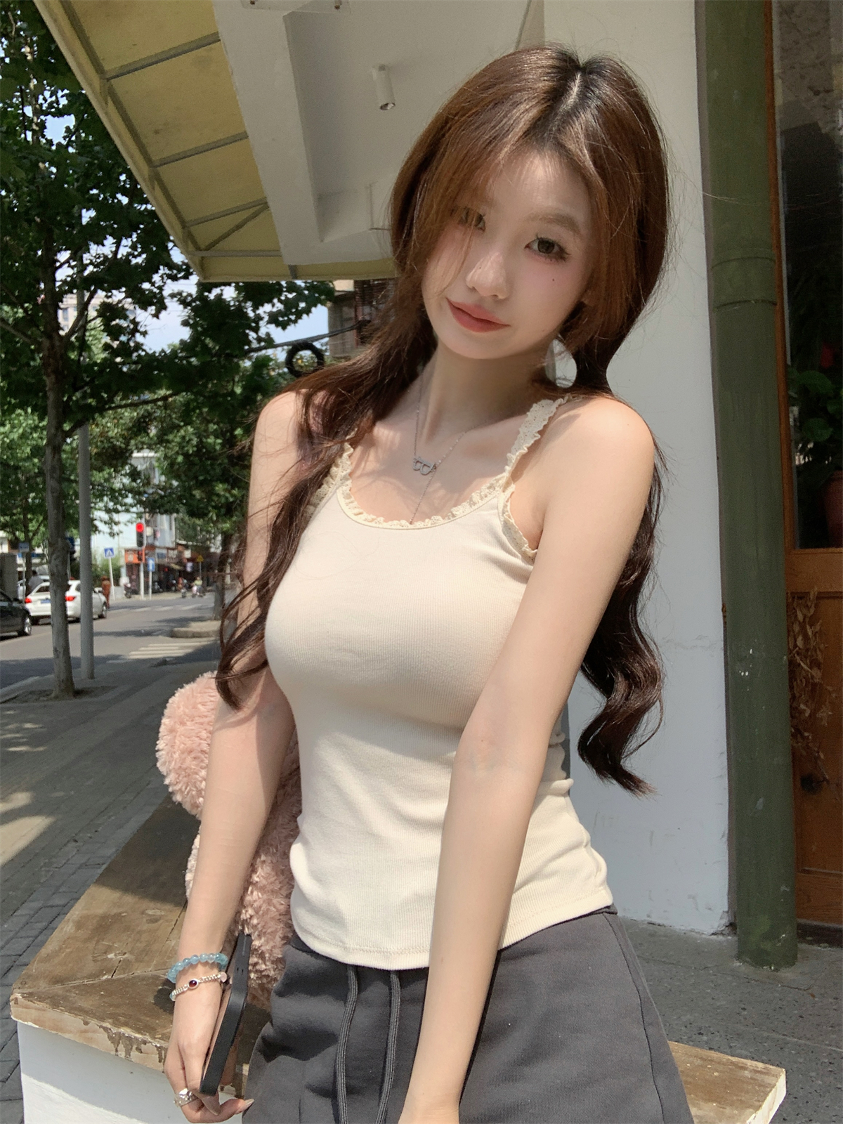 實拍 夏季韓版修身純欲木耳邊減齡設計感純棉吊帶T恤背心上衣
