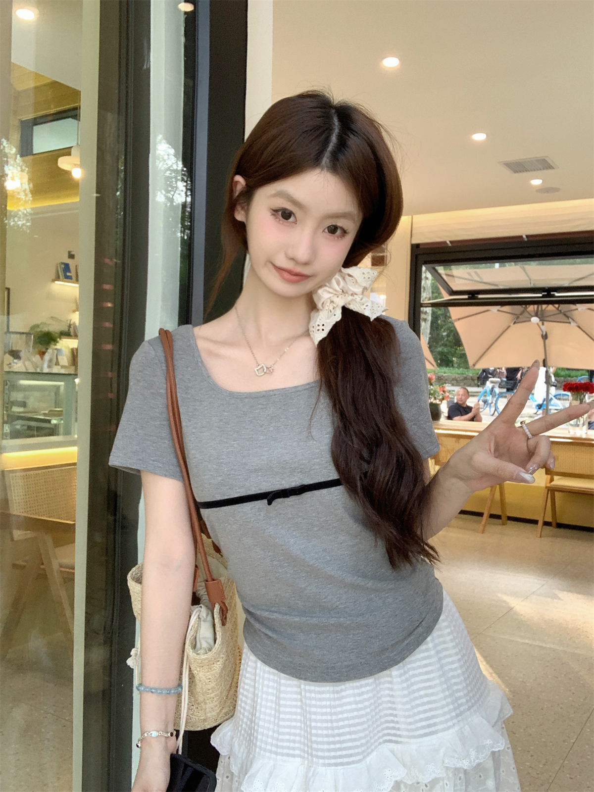實拍 夏季韓版純欲修身方領撞色蝴蝶結設計感純棉短袖上衣女