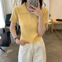 實拍 夏季韓版polo領紐扣減齡坑條設計感安迪絨針織短袖上衣