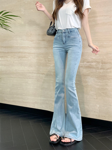 Actual shot~Summer new style high-waist slim washed light blue slightly flared jeans