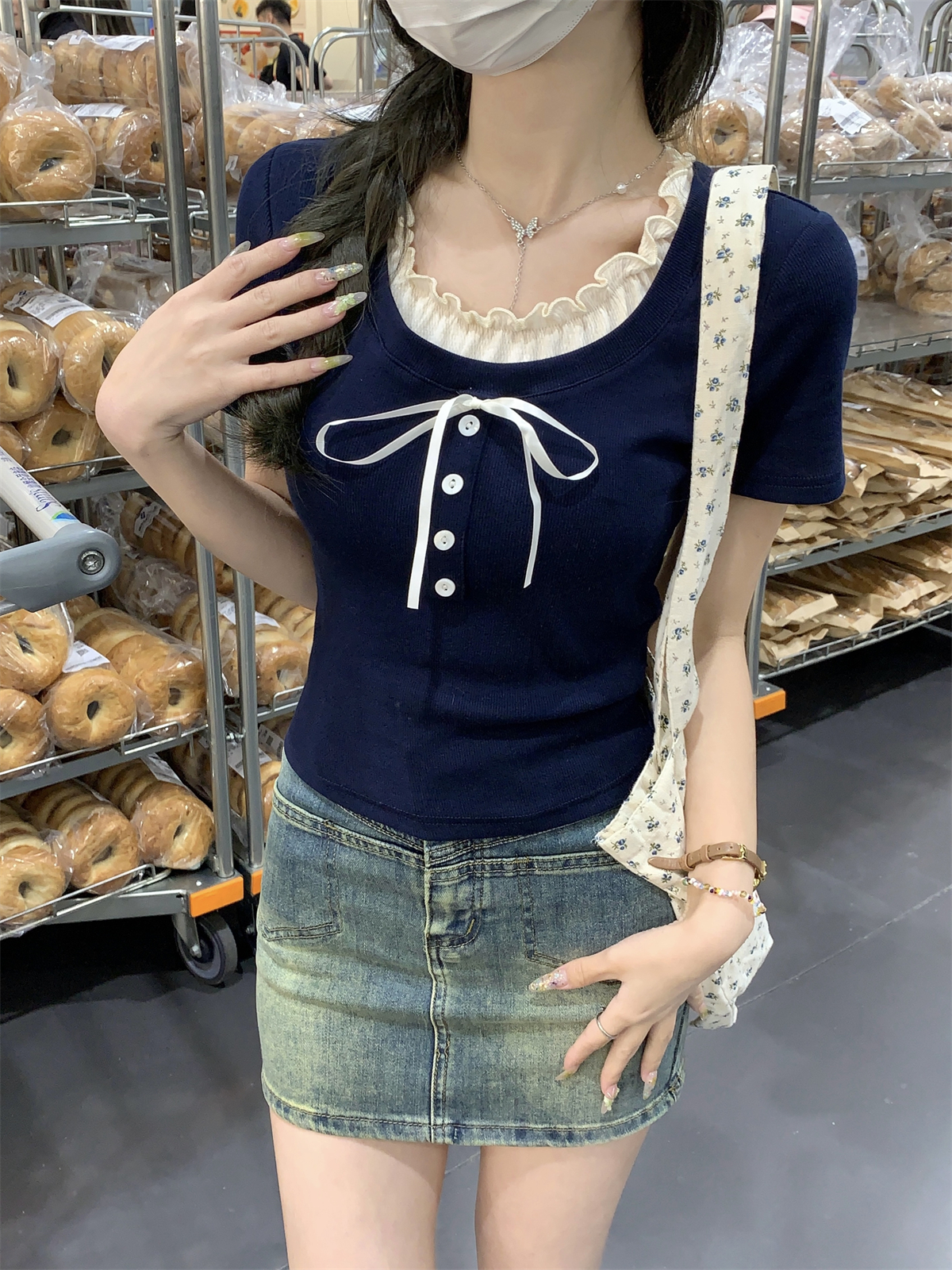 實拍 夏季韓版純欲修身撞色假兩件拼接減齡純棉短袖T恤上衣女