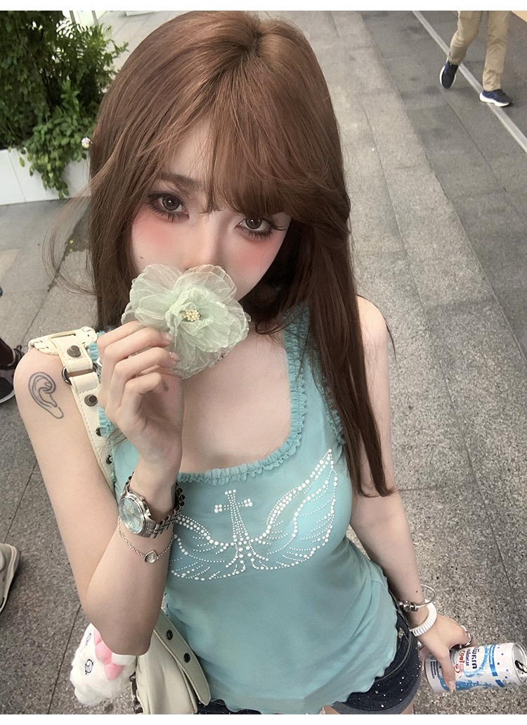 Suuuicee Angel Dream Catcher spliced ​​fungus pure lust mesh sleeveless vest for women multi-color sexy top