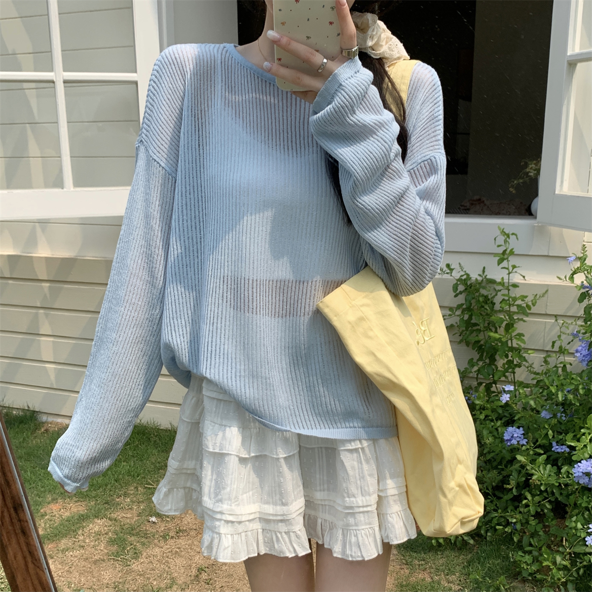 Summer Korean-style loose pure color versatile bamboo node linen sun protection lace thin mesh cover-up sweater knitted top
