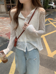 實拍 夏季韓版寬鬆鏤空純色竹節麻薄款防曬開衫針織上衣外搭