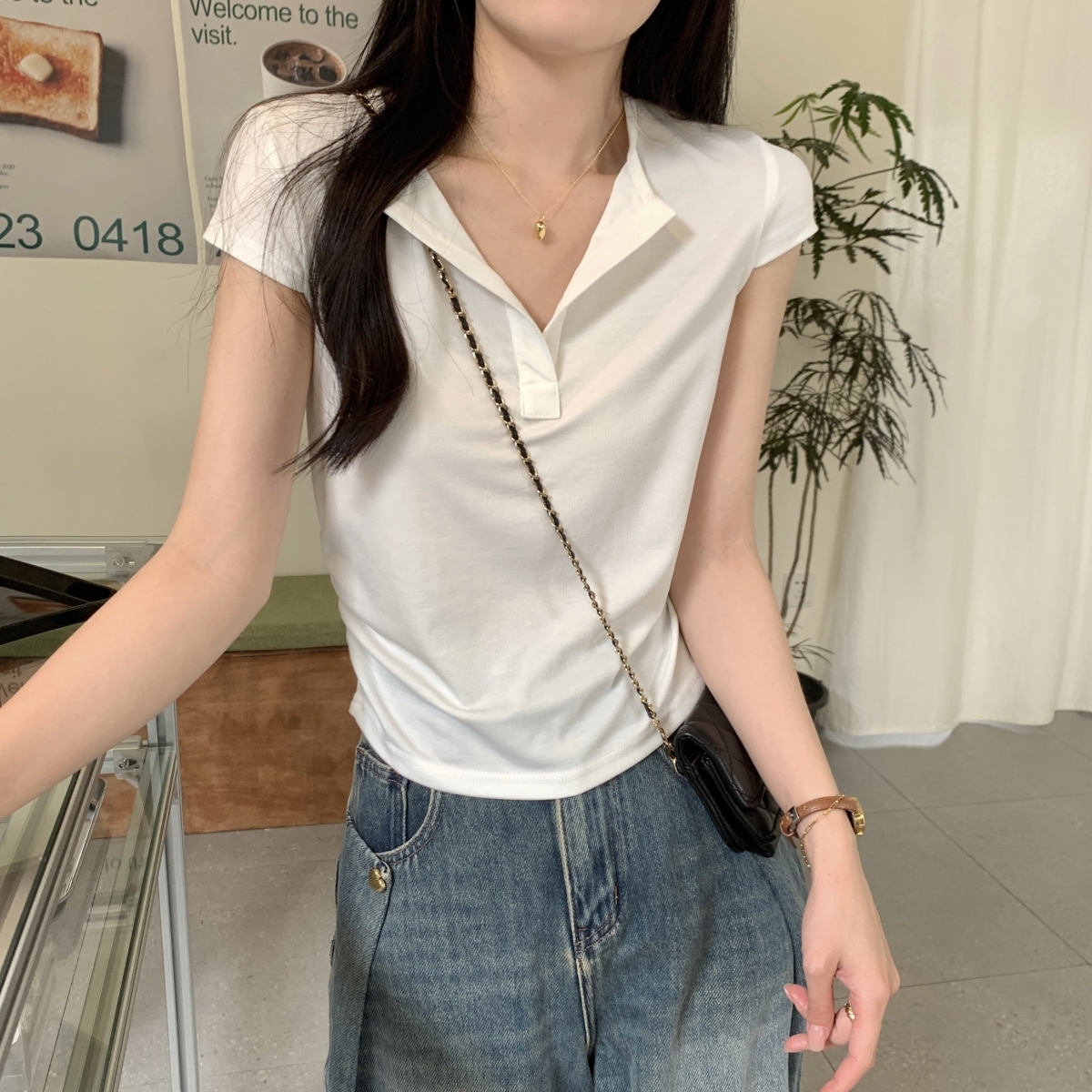 實拍 夏季韓版氣質半開領褶皺顯瘦設計感純棉短袖T恤女上衣