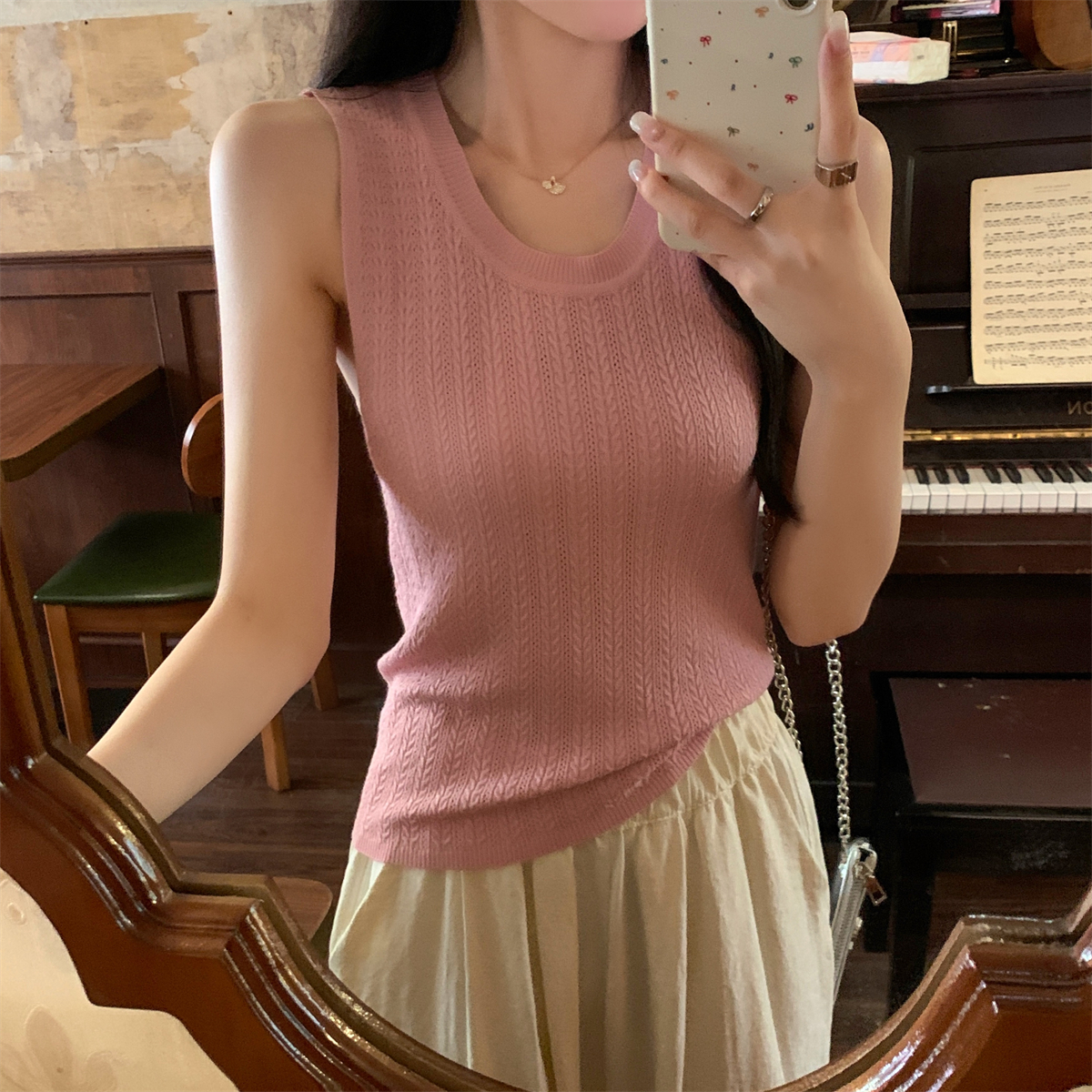 Actual shoot summer Korean style slimming temperament versatile hollow thin single-color sleeveless knit top women