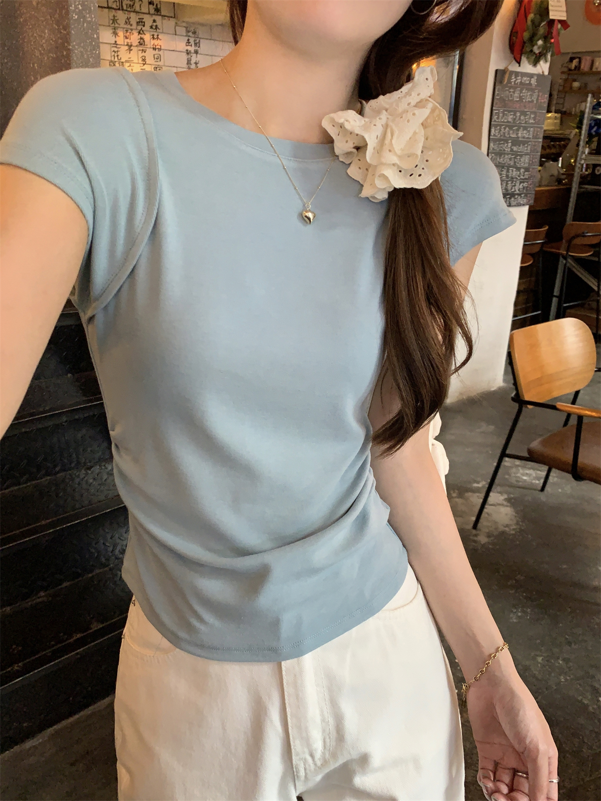 實拍 夏季韓版圓領褶皺顯瘦設計感百搭純棉短袖T恤上衣女
