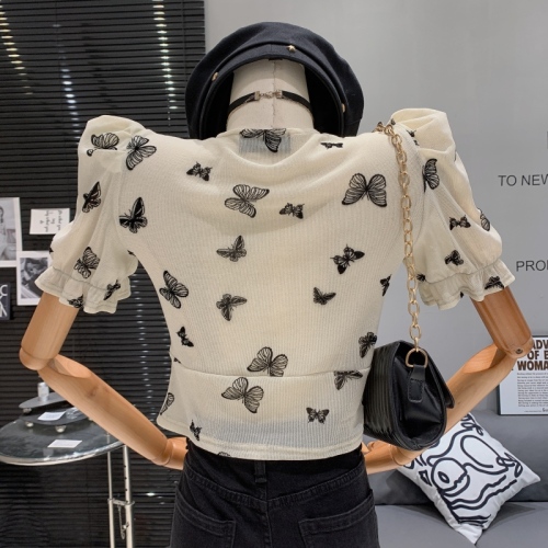 French pure lust hottie V-neck butterfly print puff sleeve design fashionable and versatile slit niche short-sleeved top