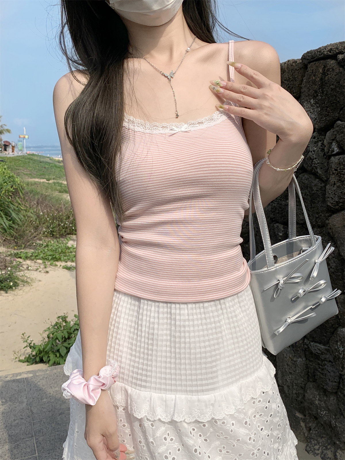 實拍 夏季韓版bm純欲蕾絲拼接粉色條紋純棉吊帶T恤背心上衣女