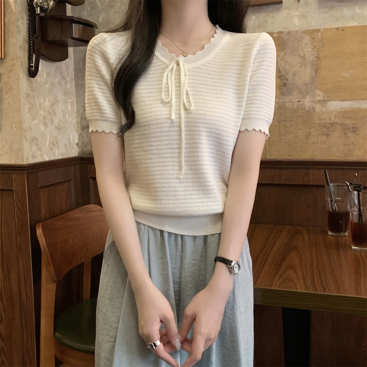 實拍 夏季韓版寬鬆甜美系帶減齡設計感純色百搭針織短袖上衣