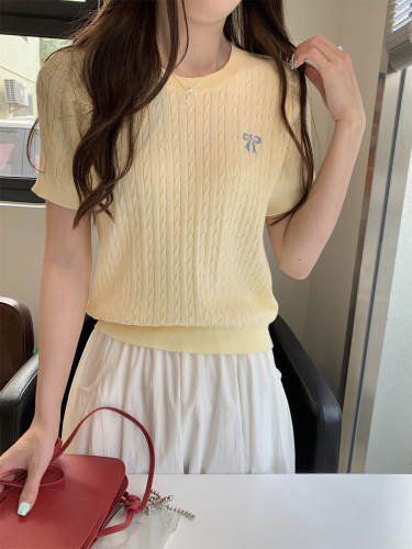 实拍 夏季韩版圆领蝴蝶结刺绣麻花设计感轻薄针织短袖上衣女