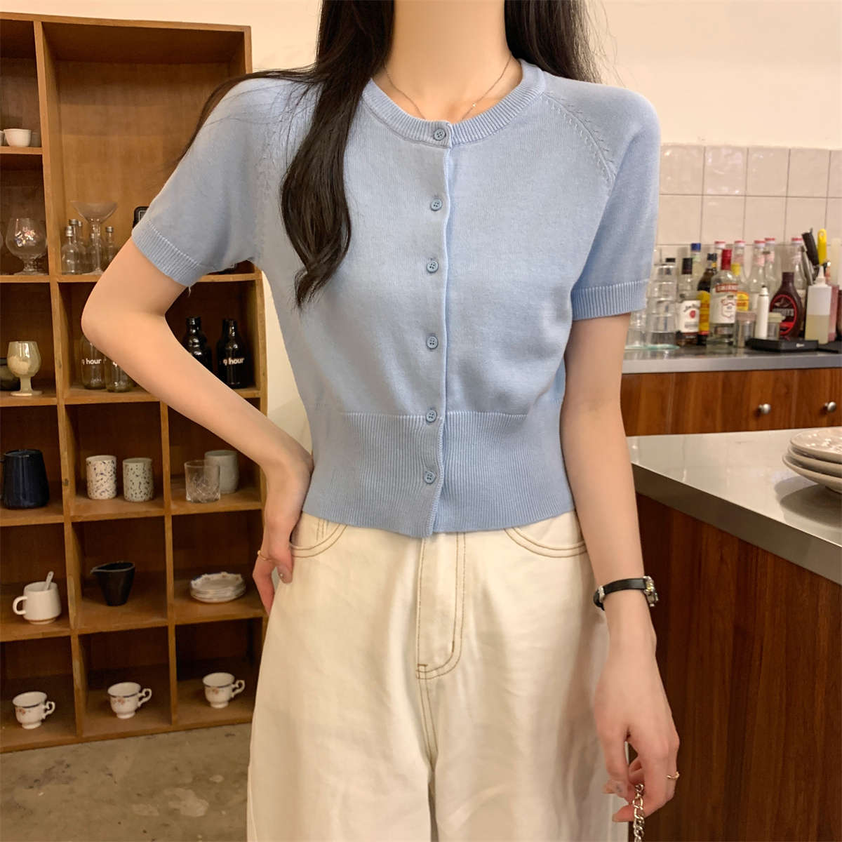 實拍 夏季韓版插肩單排扣純色百搭針織短袖開衫上衣女
