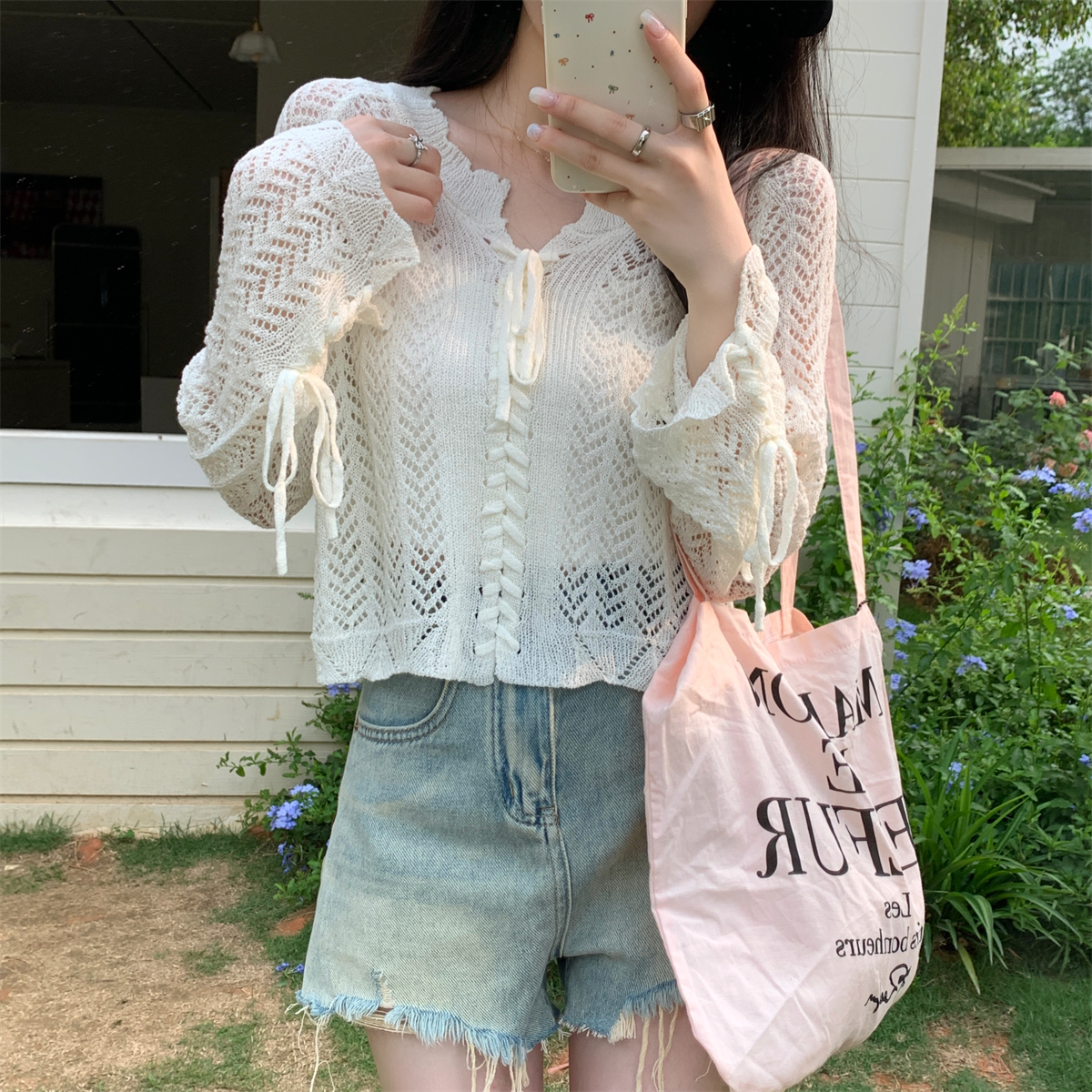 實拍 夏季韓版寬鬆鏤空交叉系帶重工設計感罩衫防曬針織上衣