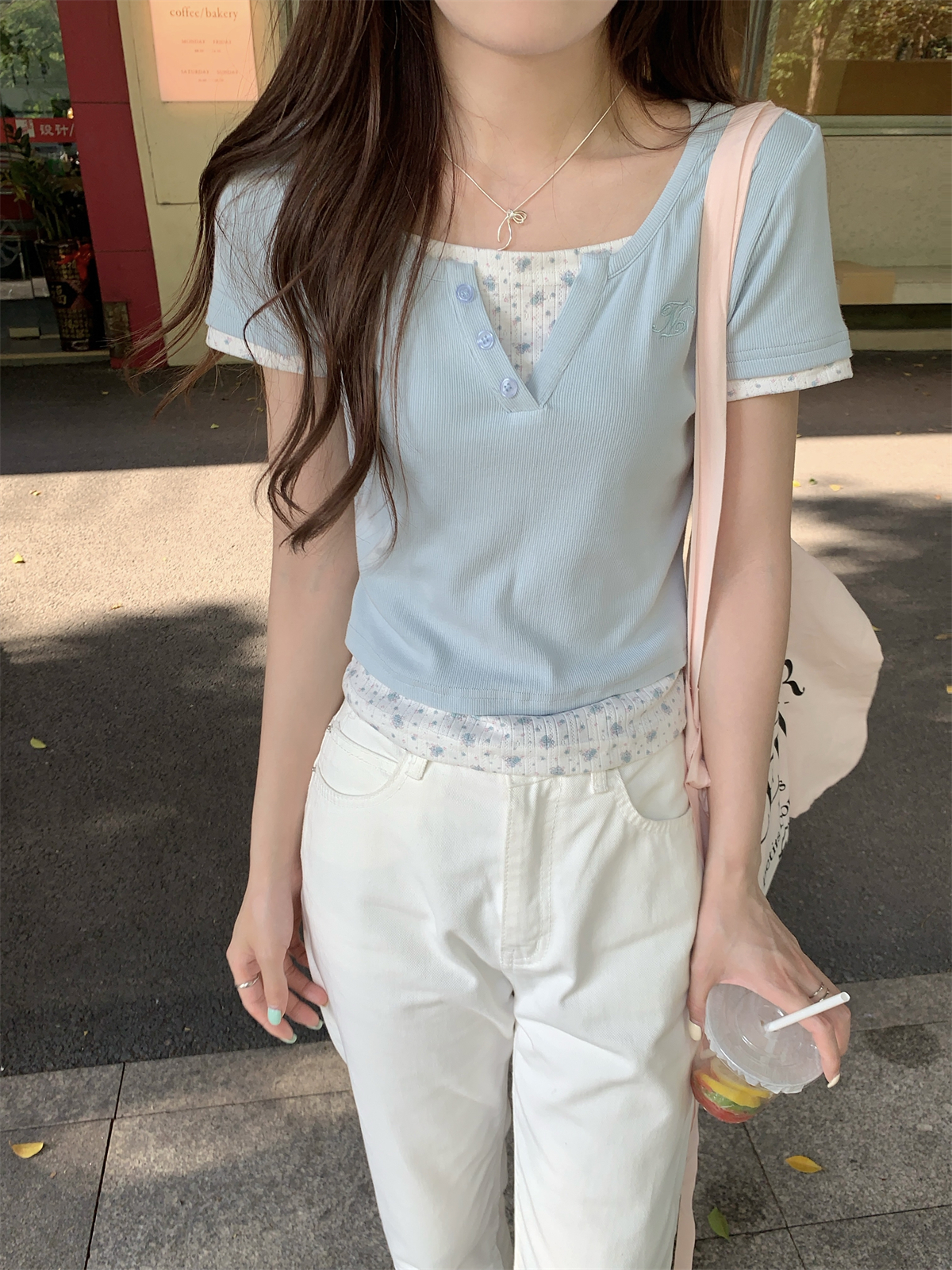 實拍 夏季韓版bm碎花拼接假兩件紐扣設計感純棉短袖T恤上衣