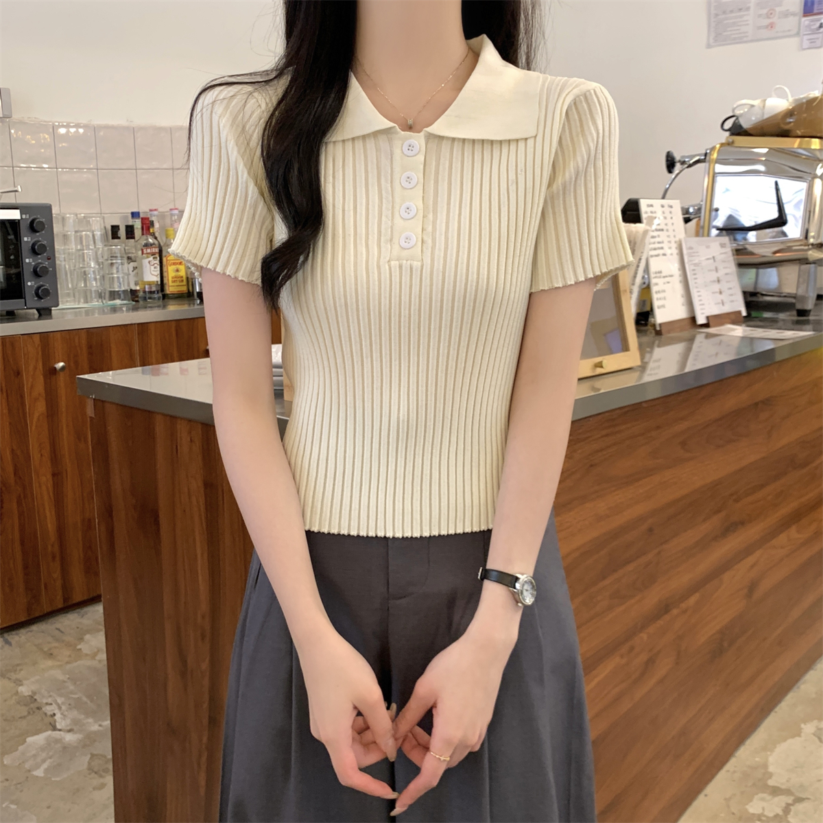 實拍 夏季韓版修身polo領紐扣學院減齡安迪絨針織短袖上衣女