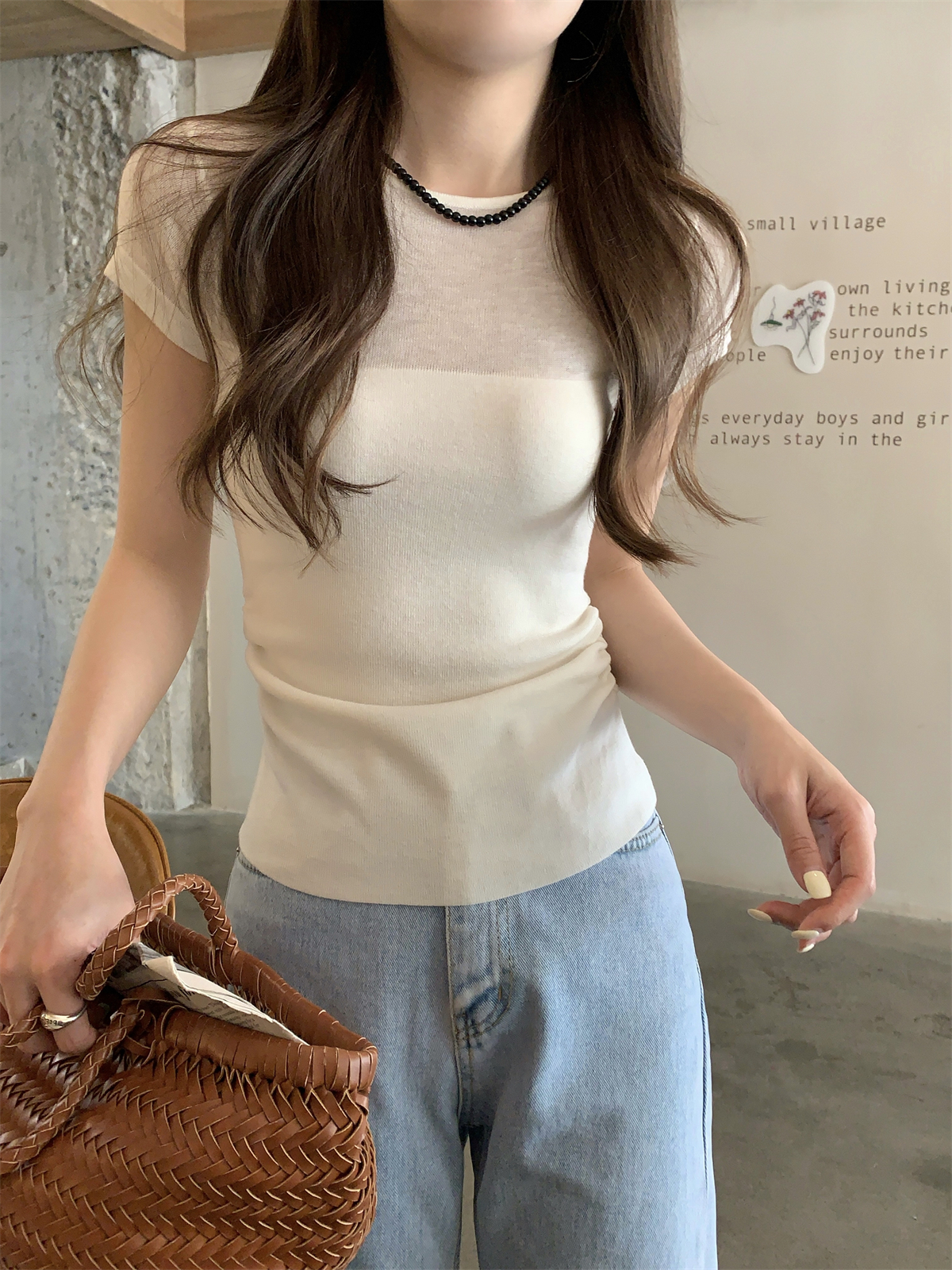 Real shot summer Korean version slimming pleated splicing slimming design 6 wool light thin knitting short-sleeved shirt 