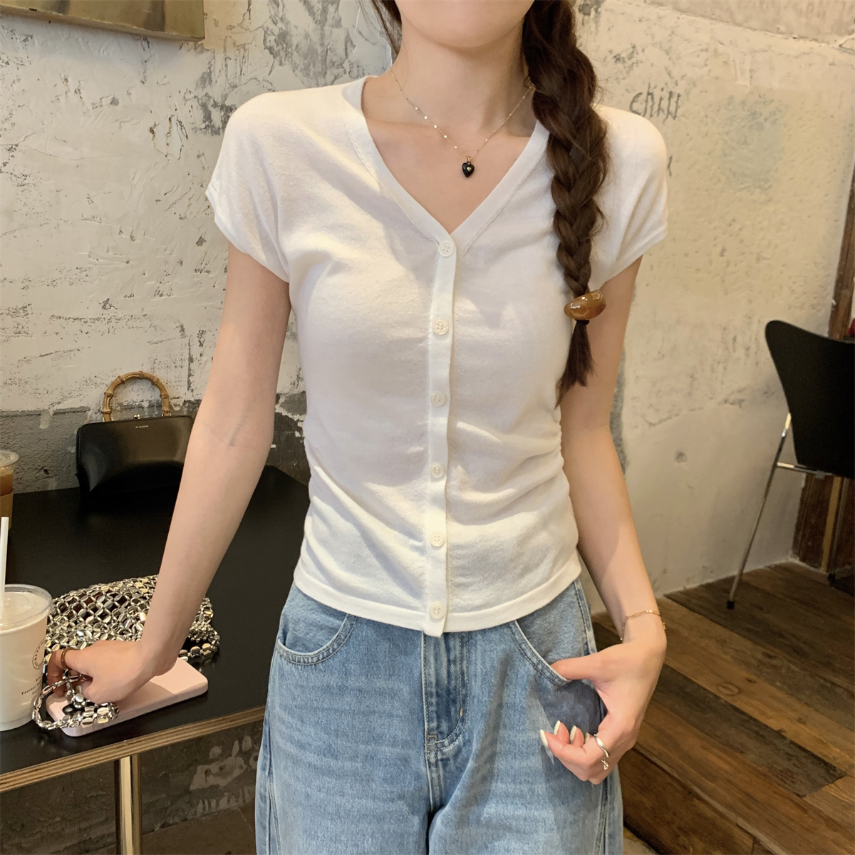 Real shot of summer Korean style v-neck single-breasted cardigan pleated lightweight 6 wool knitted short-sleeved top