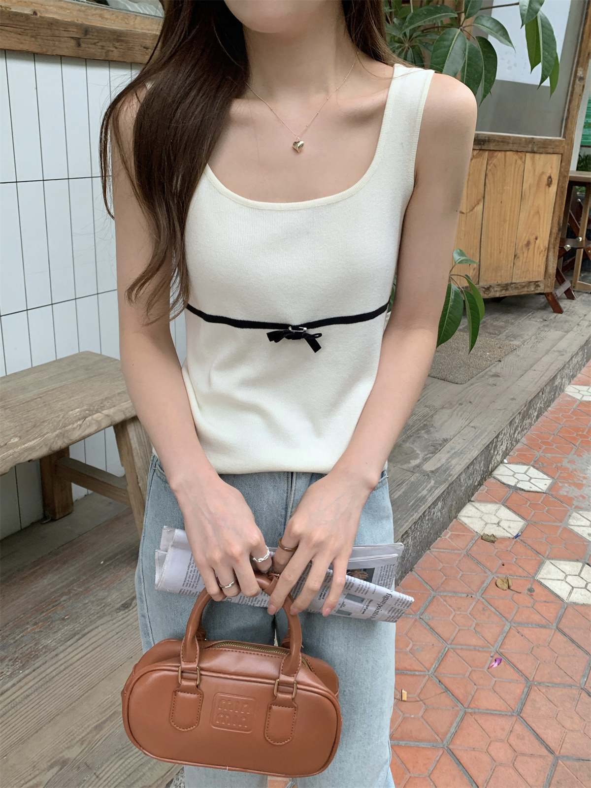 Summer Korean-style temperament square neck color-blocking bow thin-layer versatile knit V-neck top