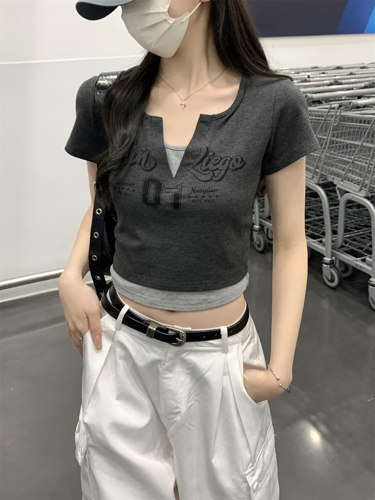 實拍 夏季韓版撞色字母印花假兩件設計感純棉短袖T恤上衣女