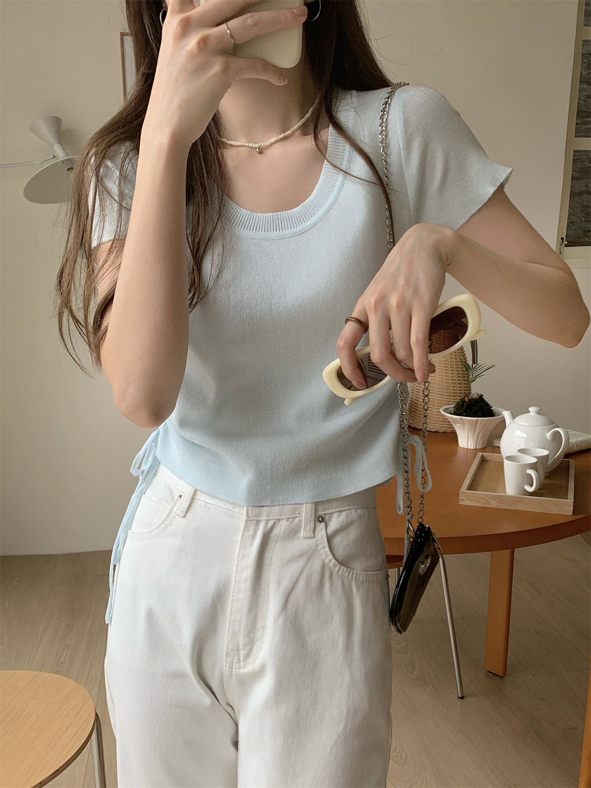 實拍 夏季韓版氣質u領純色抽繩百搭薄款針織短袖上衣女