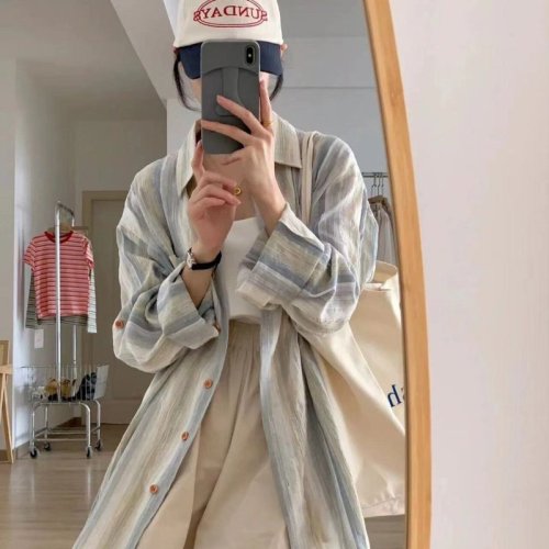 Summer smudged watercolor texture cotton gauze striped sunscreen shirt spring and summer loose and versatile lightweight long-sleeved top for women